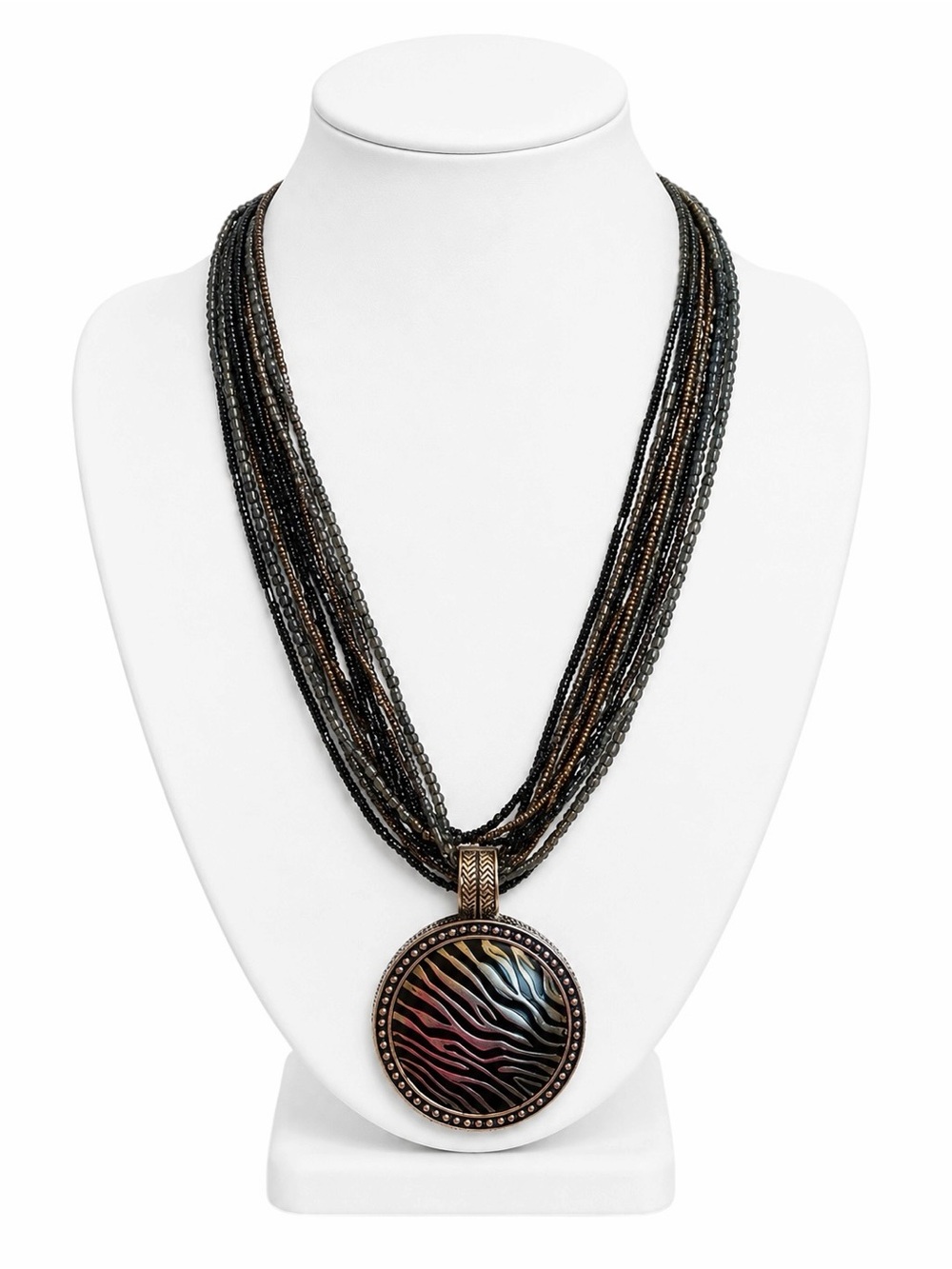 NWOT Cookie Lee Smoky Black Beaded Convertible Necklace w/ Silver Zebra Pendant